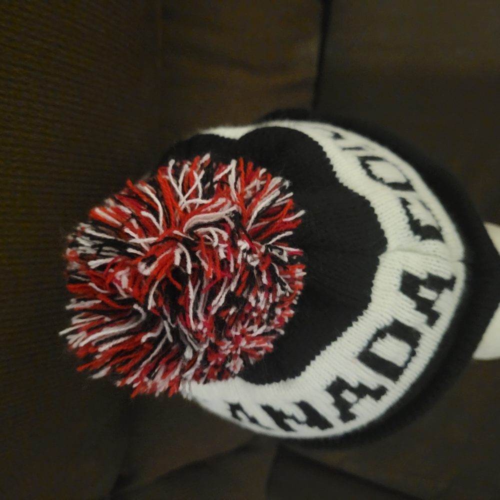 Canada Goose Black and White Beanie with Red Pom